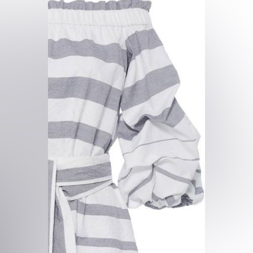 Alexis Olevetti Off The Shoulder Ruffled Striped Mini Dress Grey White XS - Picture 3 of 9